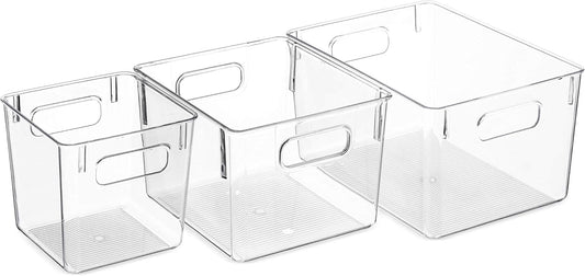 Seseno Set Of 6 Clear Pantry Organizer Bins Household Plastic Food Storage Basket with Cutout Handles for Kitchen, Countertops, Cabinets, Refrigerator, Freezer, Bedrooms, Bathrooms