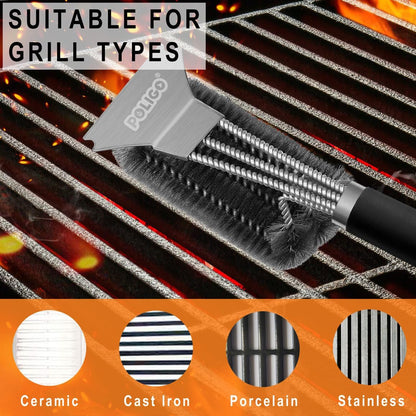 POLIGO Safe Grill Brush and Scraper with Deluxe Handle - 18" Grill Cleaner Brush Stainless Steel Bristle Grill Brush for Outdoor Grill Wizard Grate - BBQ Brush for Grill Cleaning Ideal Grilling Gifts