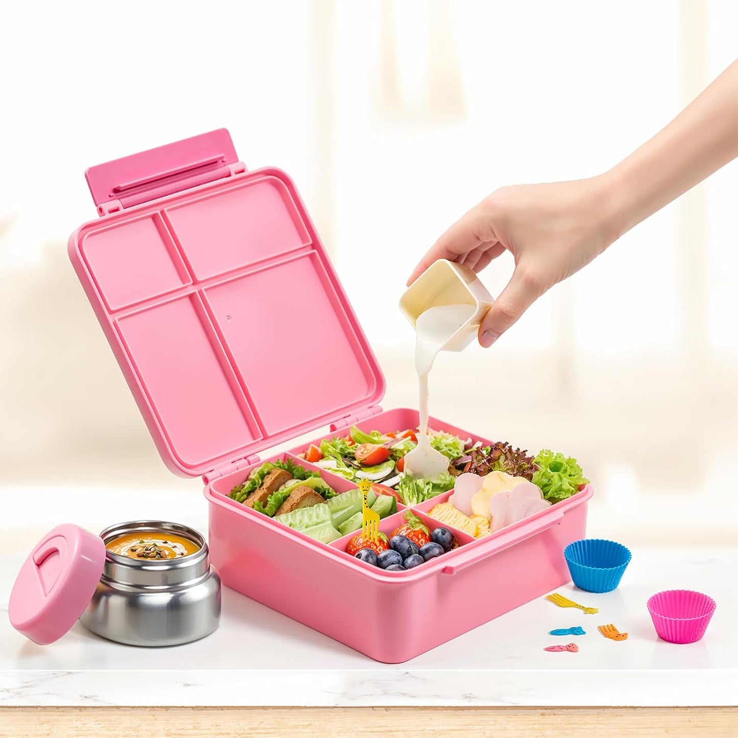 JSLOVE Bento Lunch Box with Leak Proof Thermos Food Jar for Kids, Food Lunch Containers for Boys with 4 Compartments, BPA-Free with Utensils, Food Picks, Sauce Jar & Silicone Lunch Box Dividers
