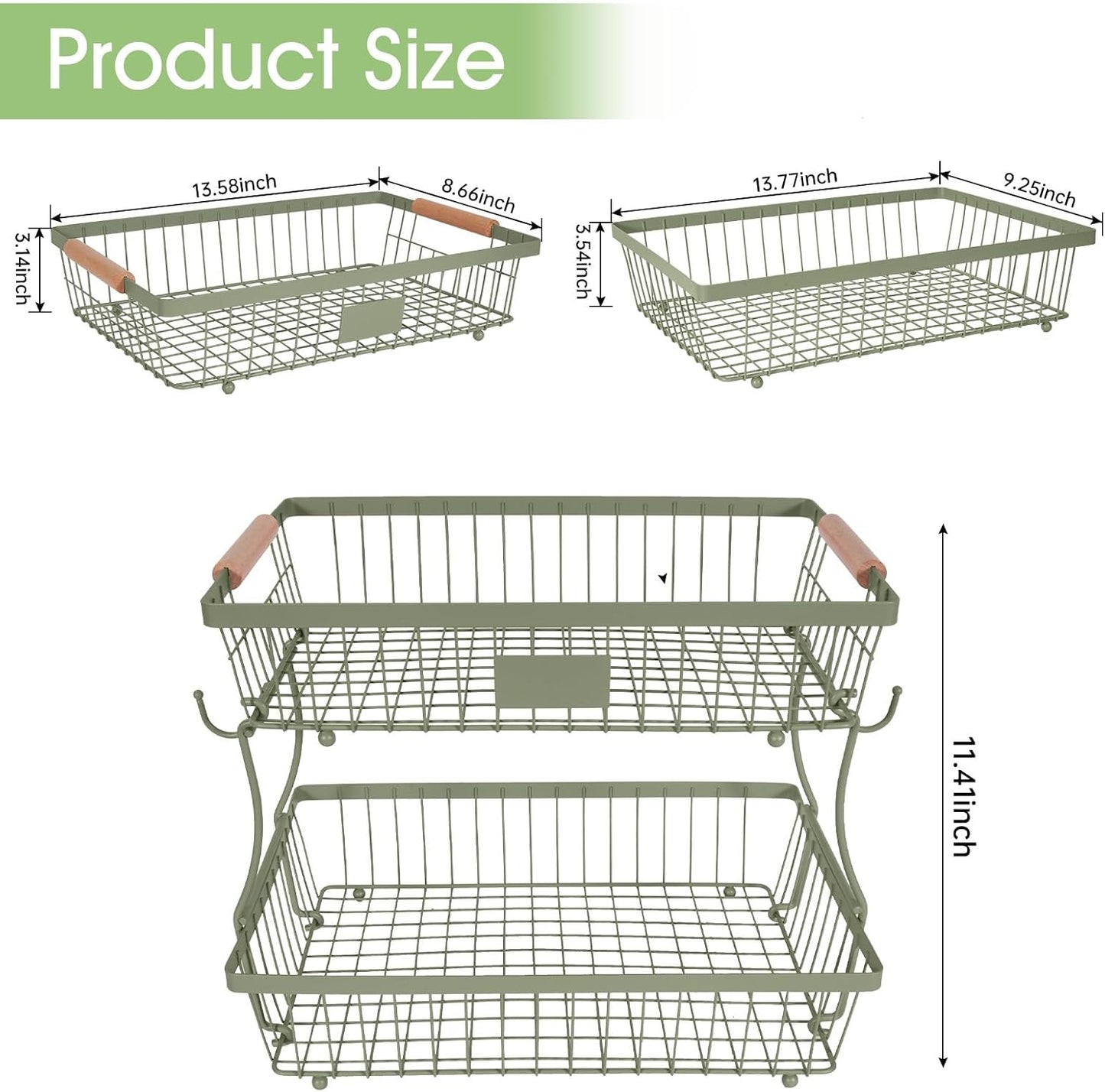 Fruit Basket Bowl 2 Tier Detachable with 2 Banana Hangers, Fruit Stand Holder for Kitchen Countertop, Metal Wire Vegetable Storage Organizer, for Bread Snack Veggies Produce, Black
