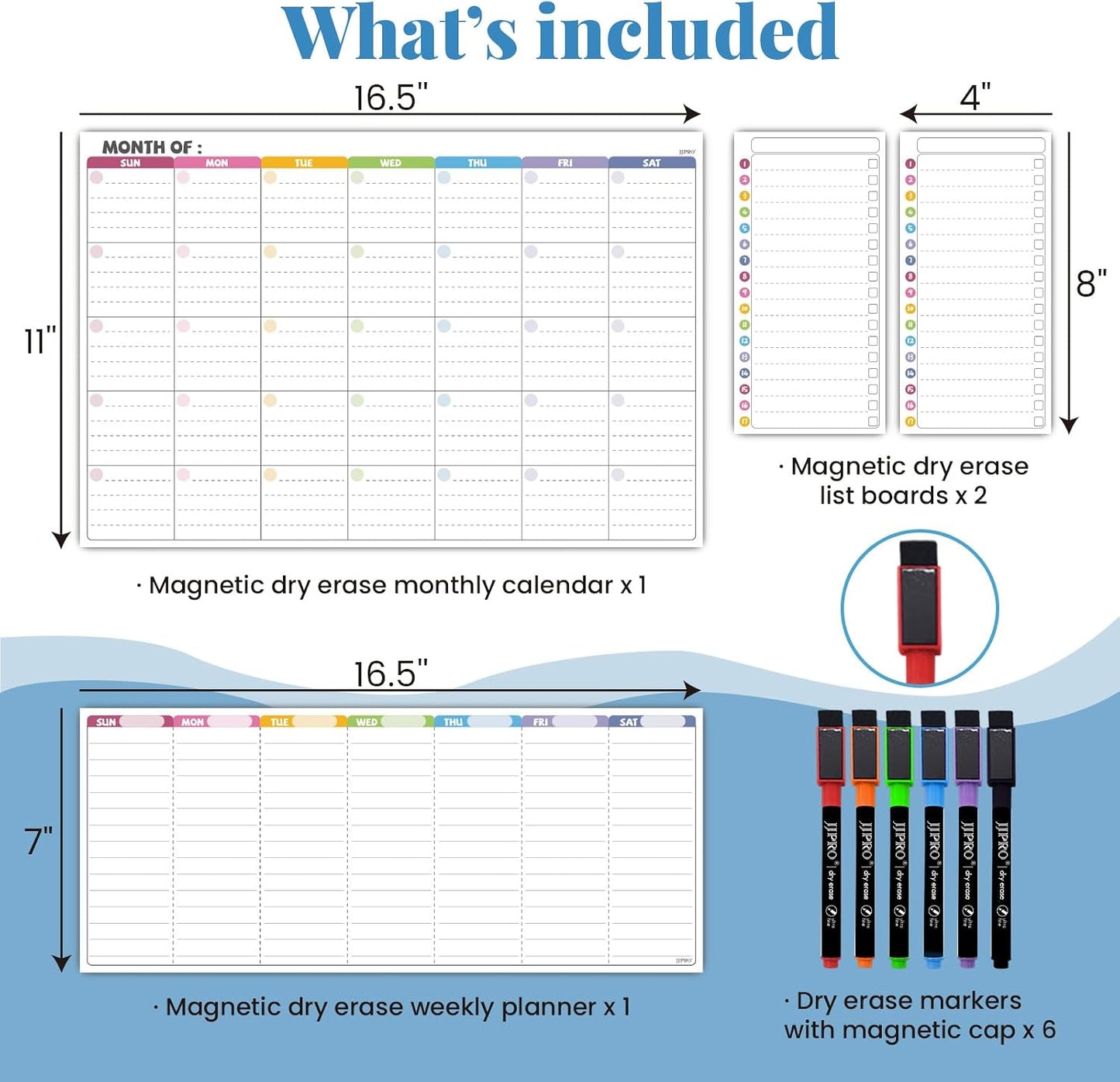 JJPRO Magnetic Dry Erase Calendar for Refrigerator-Reusable Monthly Calendar Starts Monday,Weekly Planner&to Do List for Fridge-Magnetic Monthly,Weekly Planner&List 2pcs-16.5x11"