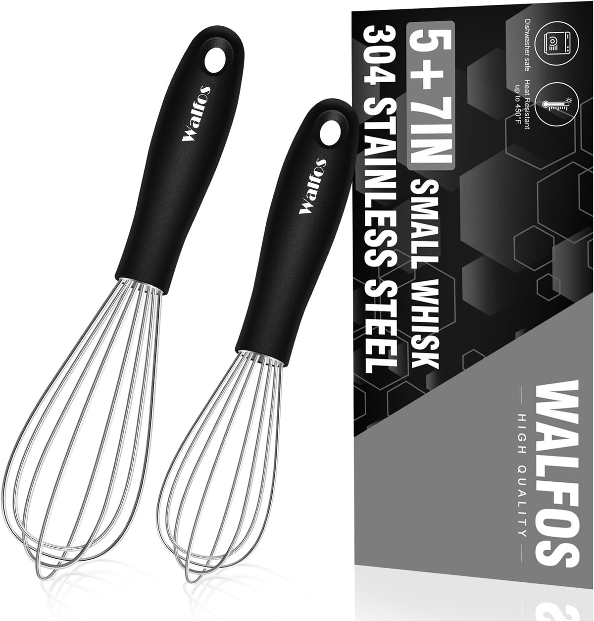 Walfos Silicone Whisk,Stainless Steel Wire Whisk -Heat Resistant 480°F Kitchen Whisks for Non-stick Cookware,Balloon Egg Beater Perfect for Blending,Whisking,Beating,Frothing & Stirring,Black
