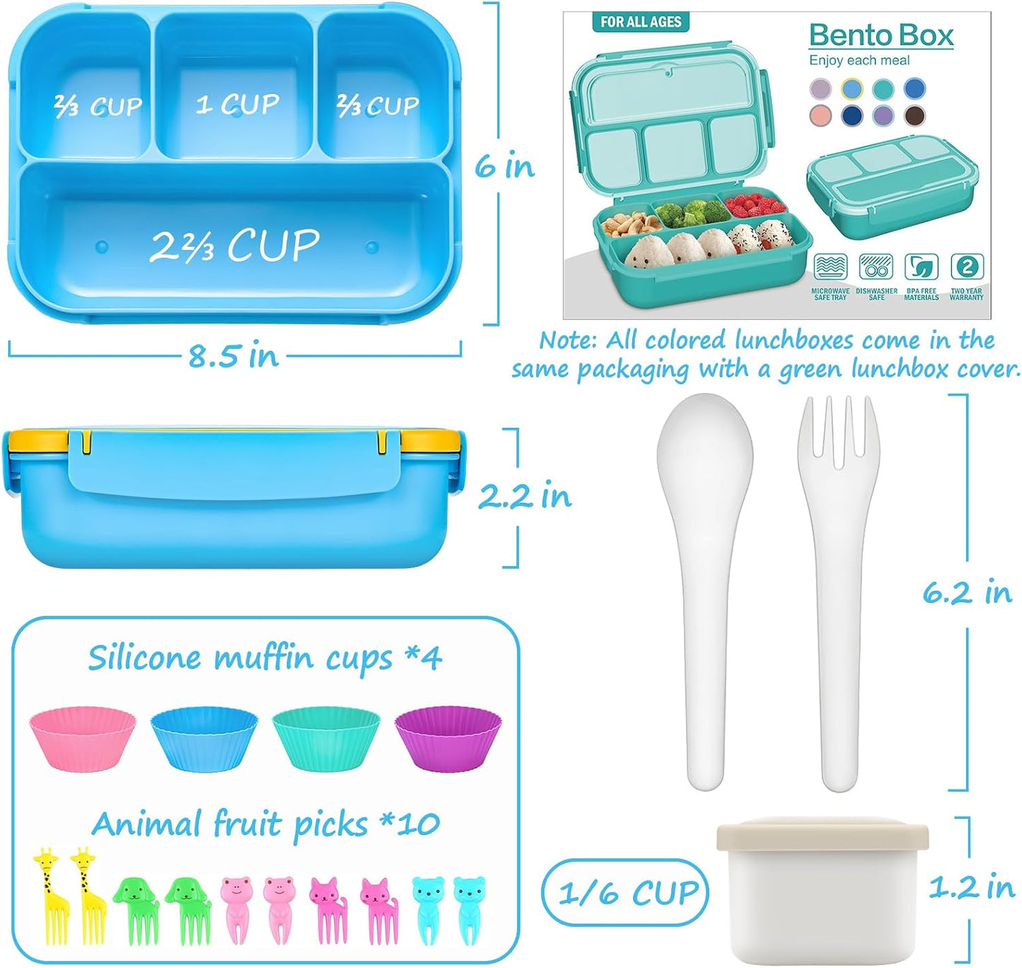 QQKO Bento Lunch Box for Kids Girls Boys, Toddler Kids Lunch Boxes for School, Lunch Containers for Adults with 4 Compartments, Sauce Container, Utensils, Food Picks and Muffin Cups, Purple