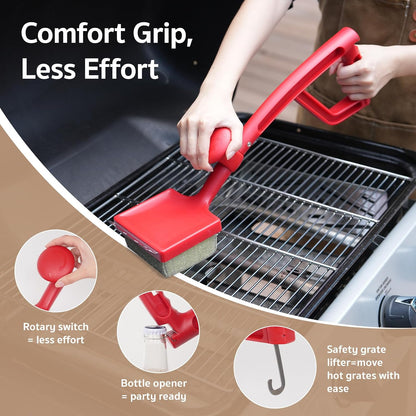 GASPRO Steam Grill Brush Bristle Free for Outdoor Grill, BBQ Grill Cleaning Brush with Replaceable Scrub Sponge Head & Scraper, Ergonomic Handle, Safe for Stainless Steel, Cast Iron & Porcelain Grate