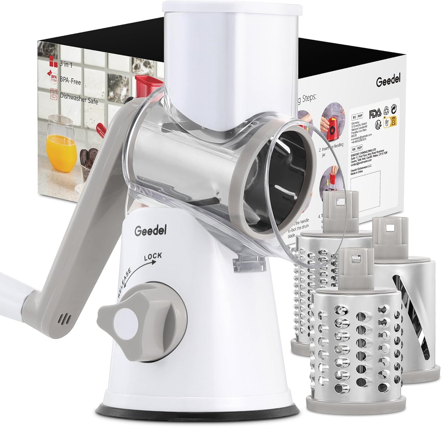 Geedel Rotary Cheese Grater, Kitchen Mandoline Vegetable Slicer with 3 Interchangeable Blades, Easy to Clean Rotary Grater Slicer for Cheese, Vegetables, Nuts
