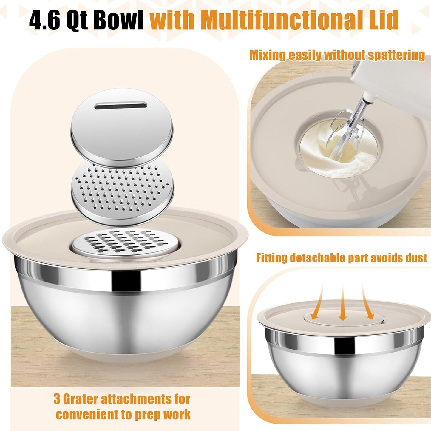 P&P CHEF Mixing Bowl with Lid Set, 5 Piece Stainless Steel Mixing Nesting Bowls for Salad Storage, 3 Grater Attachments & Non-Slip Bottoms, Size 1/1.5/2 / 2.6/4.6 QT, Black