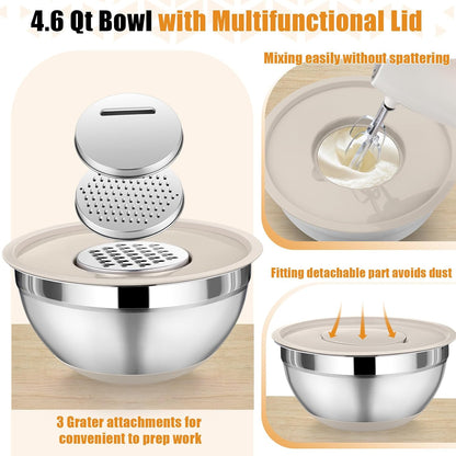 P&P CHEF Mixing Bowl with Lid Set, 5 Piece Stainless Steel Mixing Nesting Bowls for Salad Storage, 3 Grater Attachments & Non-Slip Bottoms, Size 1/1.5/2 / 2.6/4.6 QT, Black