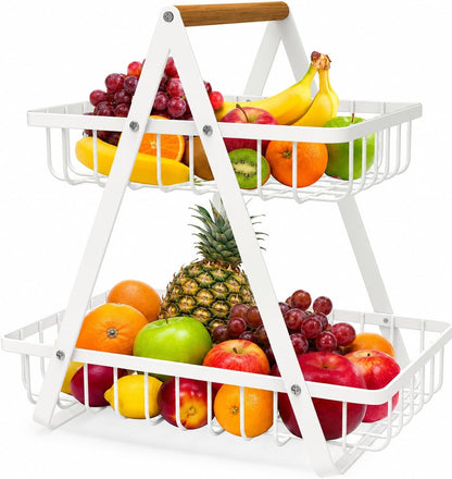 mahueeol 2-Tier Metal Fruit Basket for Kitchen Counter with Wooden Handle | Detachable rectangular baskets hold fruits, vegetables, bread and snacks; use stacked or separately in kitchens and pantries