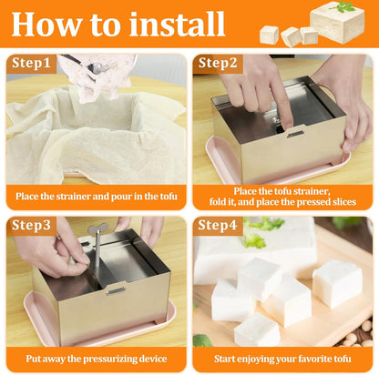 Tofu Press Kit Food Grade 304 Stainless Steel Tofu Maker with Gauze and Drip Tray Detachable and Pressure Adjustable Press Maker for Homemade Cheese yogurt(Large)