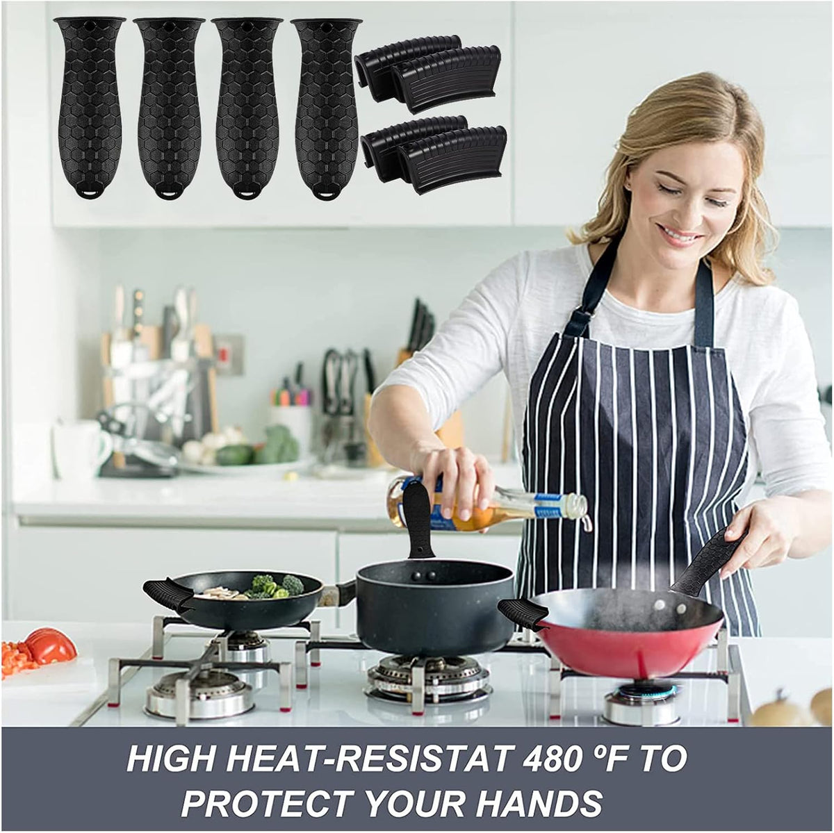 8 Pcs Non-Slip Silicone Hot Handle Holder & Assist Grips, Potholder for Cast Iron Skillets, Heat Resistant Handle Cover Sleeve for Frying Pans, Casserole, Cookware Handles, Lake Blue