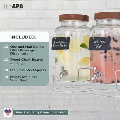 Ilyapa Glass Drink Dispensers for Parties with Stand - 2 Pack, 2 Gallon Double Beverage Dispenser with Wood Tops & Black Stainless Spigots