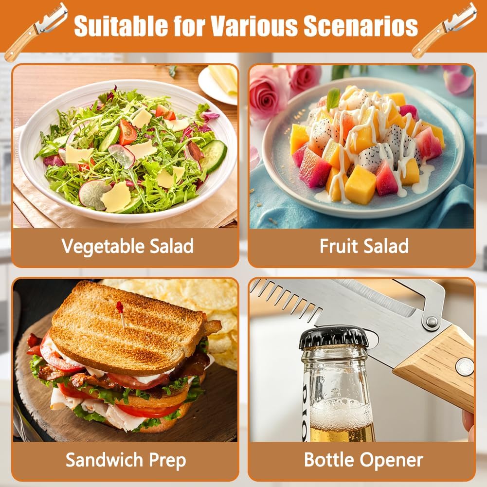 Multifunctional Vegetable Peeler with Bottle Opener Julienne | 4PCS, Stainless Steel, Wooden Handle, Fruit Potato Carrot Pumpkin, 3-in-1 Peeler