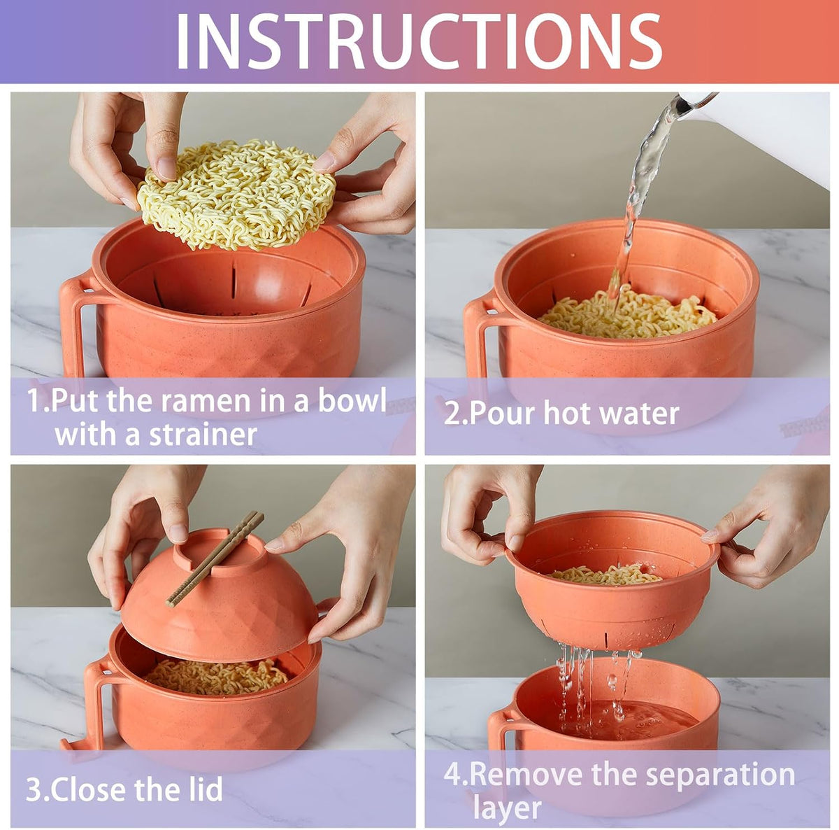2 Sets 40 oz Microwave Ramen Bowl with Handles, Yellow,Orange