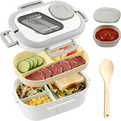 Adults Bento Lunch Box,Salad Container Large 43oz Salad Bowl, Bento-Style Tray for Toppings, 3oz Sauce Container for Dressings, and Built-In Reusable Fork (Green)