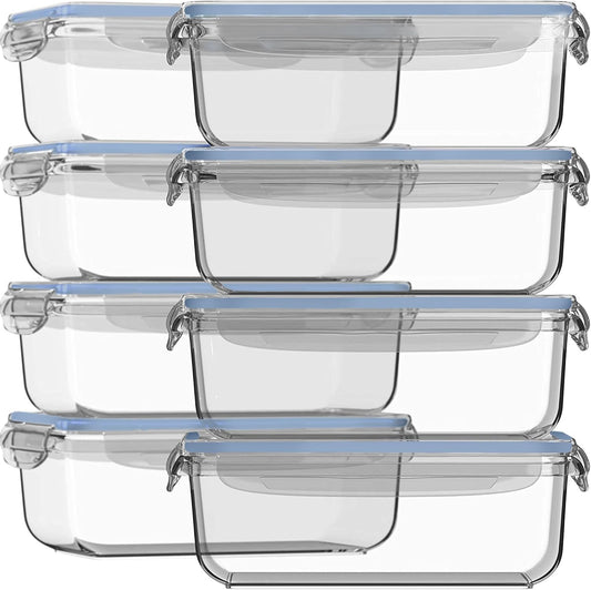 Razab 16 Pc (Set of 8) 30 Oz Glass Meal Prep Containers with Lids, Airtight Large Glass Food Storage Containers, Reusable Leak Proof BPA Free, Freezer to Oven and Dishwasher Safe