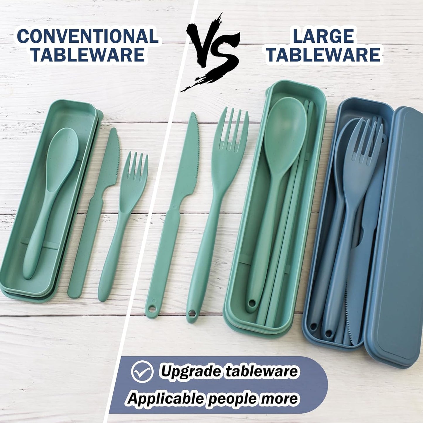 Large Plastic Reusable Utensils Set with Case, Travel Chopsticks Fork Spoon Knife Set for Lunch Box, Portable Cutlery Sets for Travel Camping Daily Use (2 Sets), Blue, Green