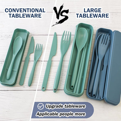 Large Plastic Reusable Utensils Set with Case, Travel Chopsticks Fork Spoon Knife Set for Lunch Box, Portable Cutlery Sets for Travel Camping Daily Use (2 Sets), Blue, Green