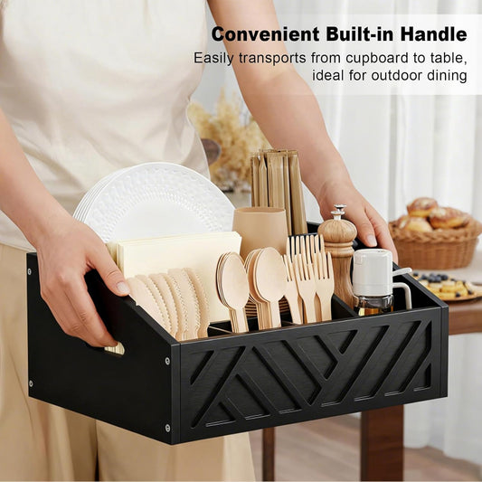 Paper Plate Dispenser for Party, Wood Outdoor Utensil Caddy for Parties, Paper Plate Holders Organizer for Countertop, Black Silverware Holder for Buffet Cutlery, Plates,Flatware, Utensils and Napkins