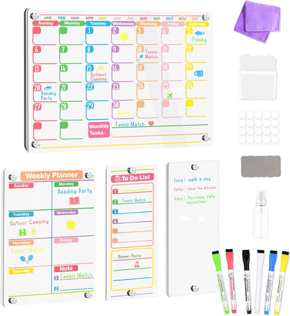 Clear Acrylic Magnetic Calendar for Fridge, 16"x12" Monthly and Weekly Calendar Planner, Dry Erase Board for Fridge, Ideal for Family Organization and Events