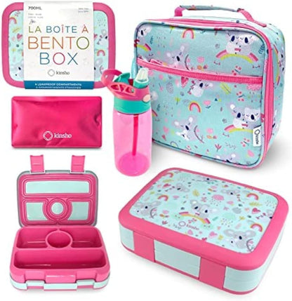 Bento Lunch Box with Bag, Water Bottle & Ice Pack Set for Kids Toddlers, 4 Portion Sections, Removable Tray, Pre-School Boy Toddler Daycare Lunches, Insulated Snack Container, Blue Space Dinosaur