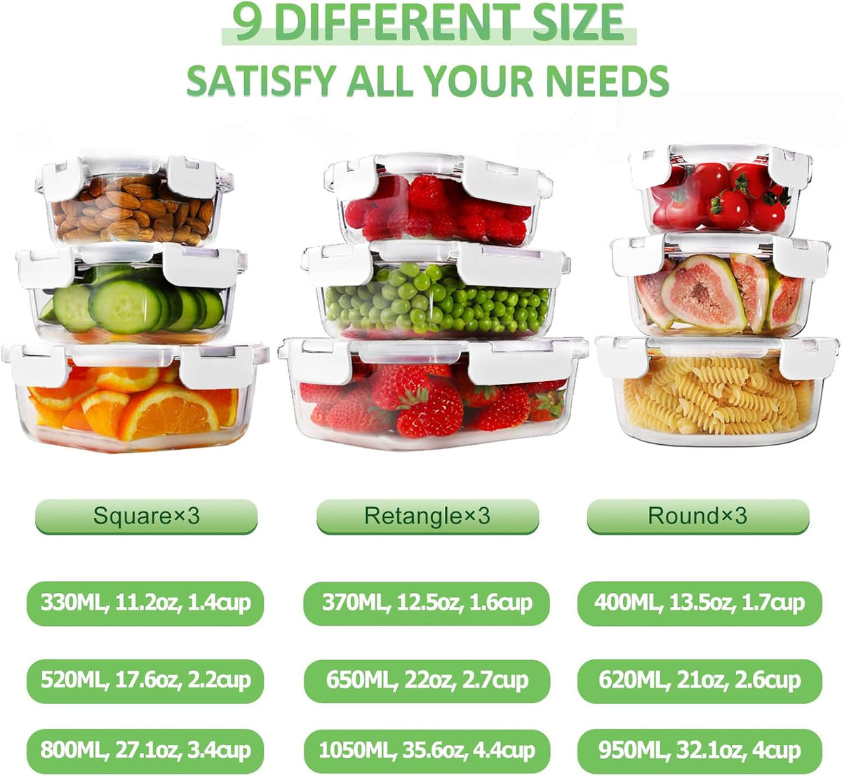 HOMBERKING 18 Piece Glass Food Storage Containers with Lids, Glass Meal Prep Containers, Airtight Lunch Bento Boxes, BPA-Free & Leak Proof, Oven, Freezer and Dishwasher Safe (9 lids & 9 Containers)