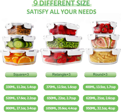 HOMBERKING 18 Piece Glass Food Storage Containers with Lids, Glass Meal Prep Containers, Airtight Lunch Bento Boxes, BPA-Free & Leak Proof, Oven, Freezer and Dishwasher Safe (9 lids & 9 Containers)