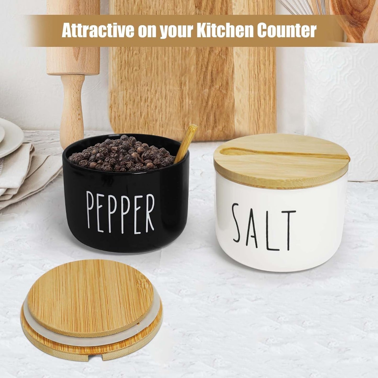 Farmhouse Salt And Pepper Containers,Salt Containers For Countertop,Stacked Ceramic Cellar With Bamboo Lid, Spice Box With Spoon,Seasoning Holder with lid,Ceramic Bowls (B&W H)