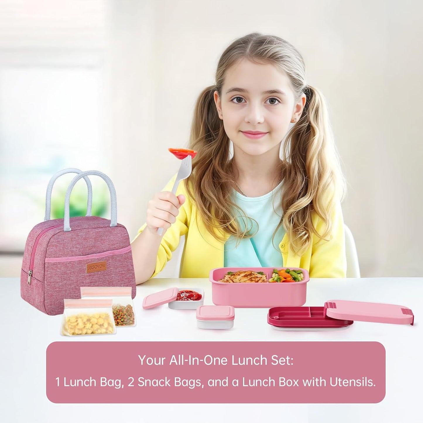 JBGOYON Bento Box and Lunch Bag Set, Leak-Proof Lunch Box for Adults and Kids with Built-in Utensils, Insulated for Work School Travel, Microwave & Dishwasher Safe, All-in-One (Purple)