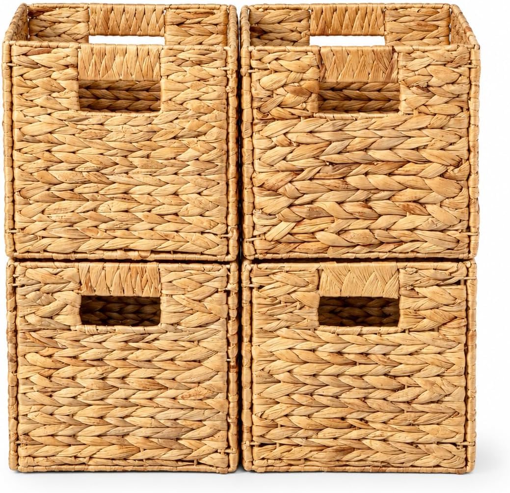 4 Hand-Woven Wicker Storage Baskets 13x11x11in, Water Hyacinth Shelf Bins | ECO-FRIENDLY & SUSTAINABLE