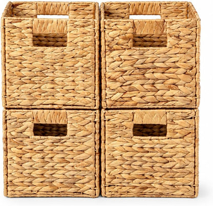 4 Hand-Woven Wicker Storage Baskets 13x11x11in, Water Hyacinth Shelf Bins | ECO-FRIENDLY & SUSTAINABLE
