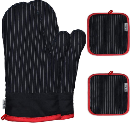 Oven Mitts and Pot Holders Sets,6 Pcs Oven Mitts and Potholders with Recycled Cotton High Heat Resistant Extra Thick Long Oven Mitts for Cooking(Black)
