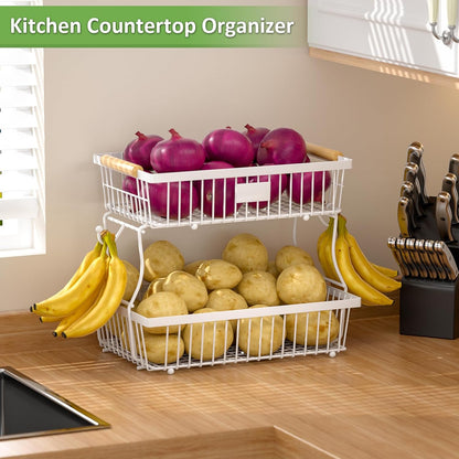 2 Tier Fruit Basket for Kitchen Counter with 2 Banana Hangers, Countertop Metal Bread Basket with Wooden Handle, Large Storage Stand for Vegetables, Snacks, Eggs, Produce Storage – Black