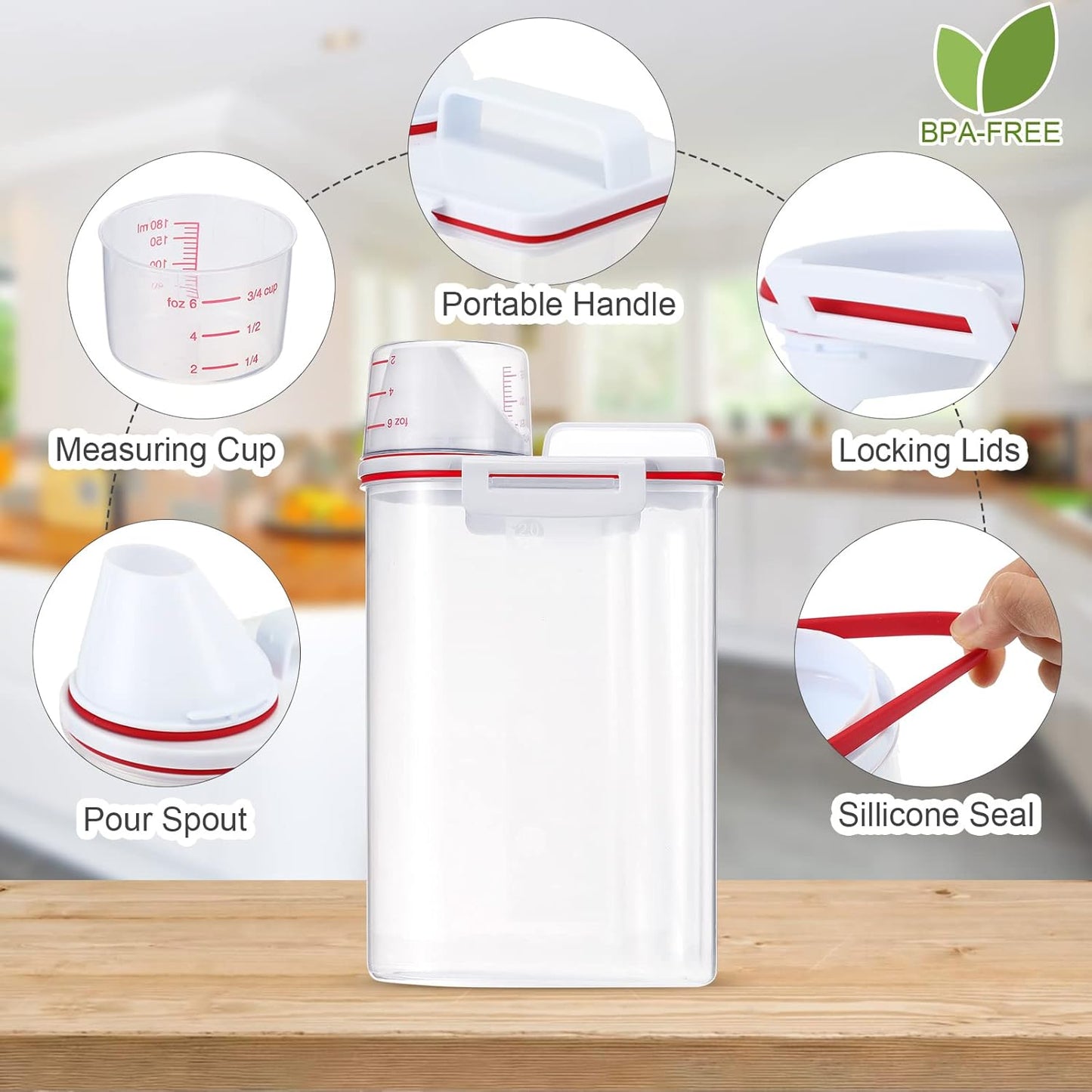 Cereal Containers Set 4 Pcs Airtight Food Storage Container with Measuring Cup Dispenser Plastic Storage Containers with Lids for Rice Oatmeal Flour Grain & Pet Cat Dog Food Container, 2.5 L