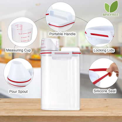 Cereal Containers Set 4 Pcs Airtight Food Storage Container with Measuring Cup Dispenser Plastic Storage Containers with Lids for Rice Oatmeal Flour Grain & Pet Cat Dog Food Container, 2.5 L