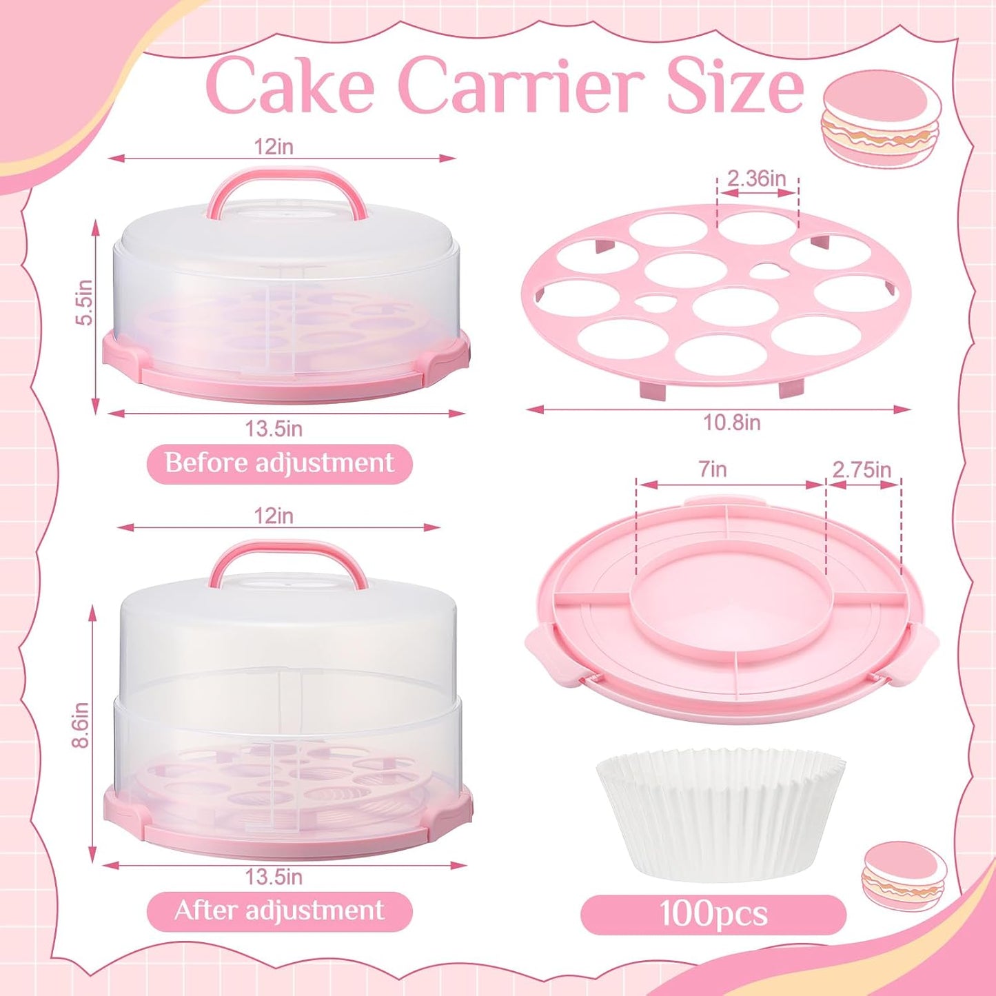Teenyyou 12 Inch Large Cake Carrier with Lid and Handle for 12" Round 7" High Cake Adjustable Plastic Pies Carrier Portable Cupcakes Transport Container for Cookies Pizza and More(Pink)