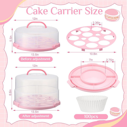 Teenyyou 12 Inch Large Cake Carrier with Lid and Handle for 12" Round 7" High Cake Adjustable Plastic Pies Carrier Portable Cupcakes Transport Container for Cookies Pizza and More(Pink)