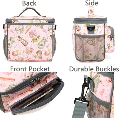 FlowFly Insulated Reusable Lunch Bag Adult Large Lunch Box for Women and Men with Adjustable Shoulder Strap,Front Zipper Pocket and Dual Large Mesh Side Pockets,Cherry - Colors B