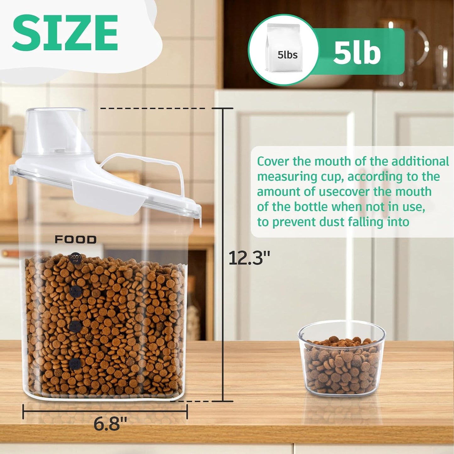 Dog Food Storage Container, Pet Food Storage Containers with Airtight Pour Spout, Cat Food Container with Measuring Cups, Portable Travel Pet Food Container for Dogs, Cats, Birds（Green）