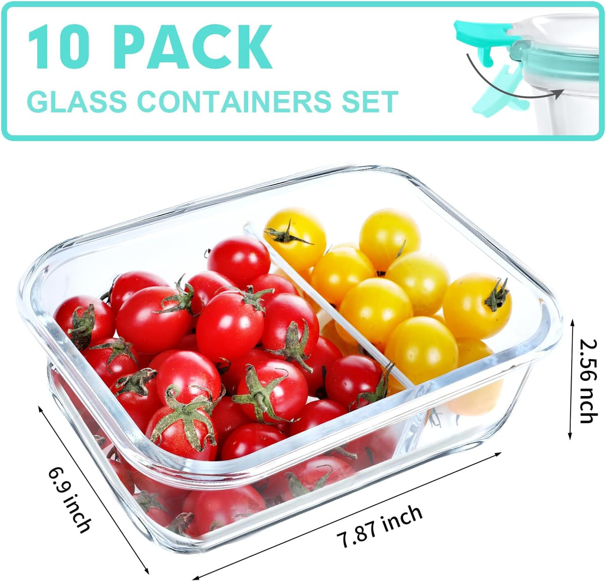 VERONES 10 Pack Glass Meal Prep Containers 2 Compartment Set, 30 OZ Airtight Glass Lunch Containers, Glass Food Storage Containers with Lids, for Microwave, Oven, Freezer & Dishwasher Friendly，Grey