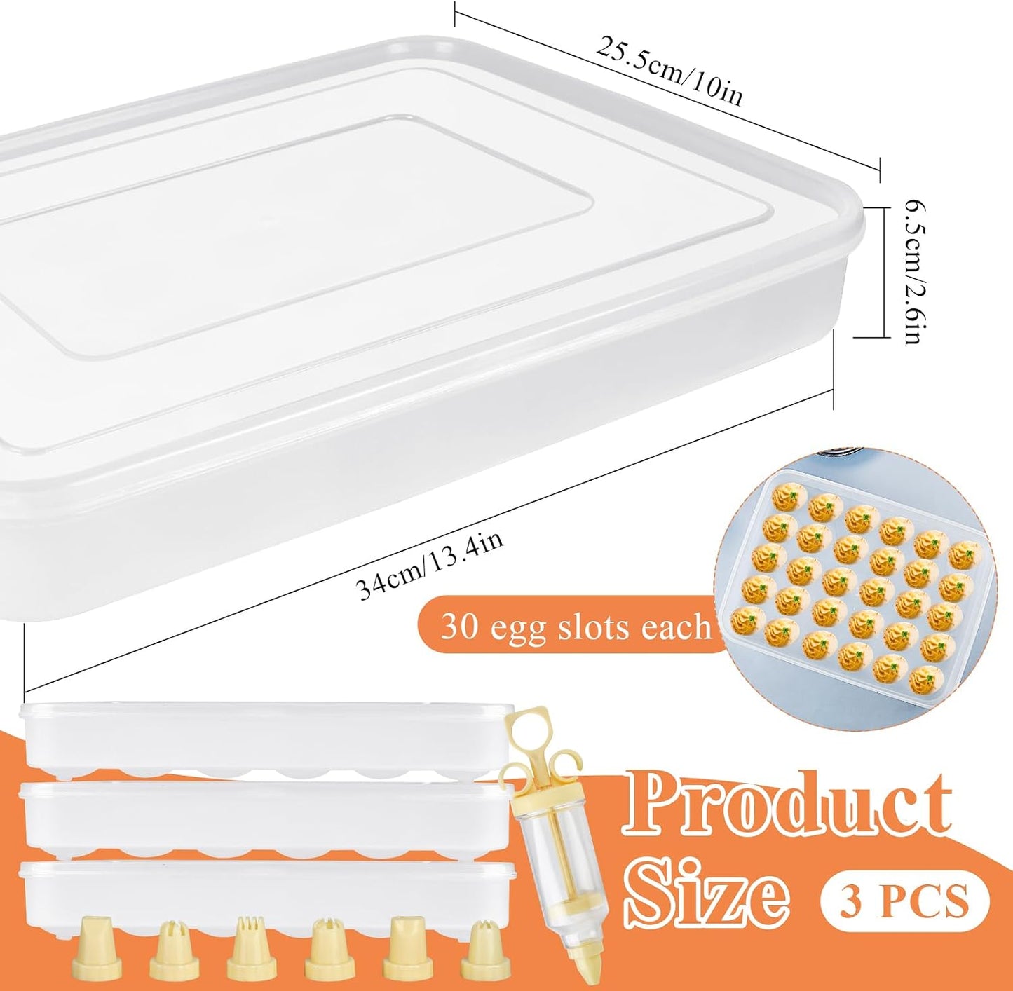 3 Pcs 90 Slots Deviled Egg Containers with Lids, Plastic Deviled Egg Platter, Stackable Egg Carrier, Reusable Deviled Egg Holders with Piping Tool Set for Thanksgiving Easter Party Picnic