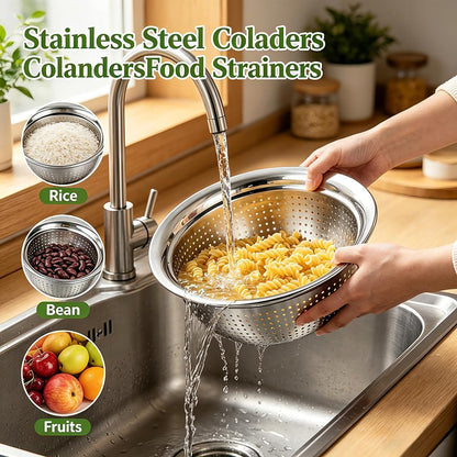 4-Piece Stainless Steel Mixing Bowls and Microporous Colanders Set, 3QT & 5QT Nesting Bowls with Fine Drain Strainers for Washing Rice, Fruits, Vegetables, Pasta, and More