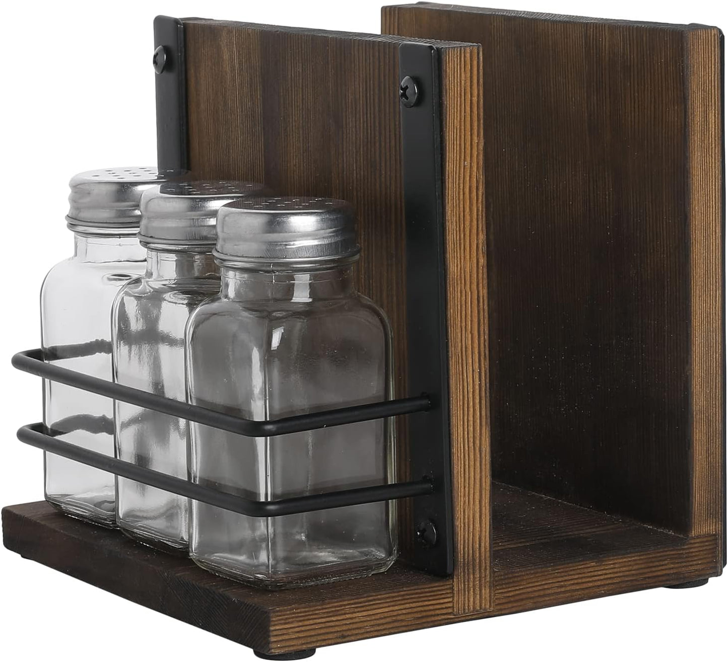 MyGift 2-in-1 Acrylic Napkin Holder with Salt and Pepper Shakers, Metal Vintage Scrollwork Dinner Table Paper Towel Condiment Holder with Rustic Solid Wood Base (Premium Clear Acrylic)