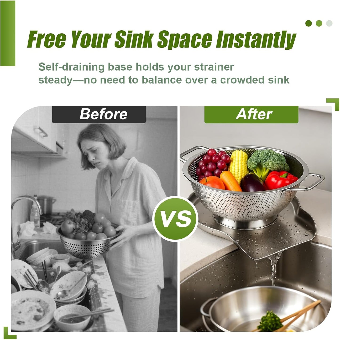 Palksky Stainless Steel Colander Set with Self-Draining Base, 3 Sizes Colanders & Food Strainers for Pasta, Rice, Fruits & Veggies, Metal Colander with Draining Plate for Sink or Countertop