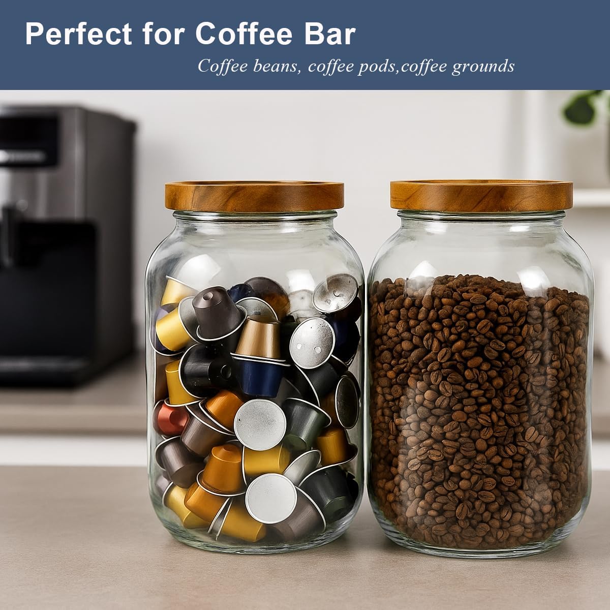 2 Pack Glass Flour Sugar Storage Containers with Acacia Wooden Lid, 1 Gallon Glass Jars with Airtight Lid, Wide Mouth Large Mason Jars 128oz for Rice, Pasta, Oats, Coffee Storage