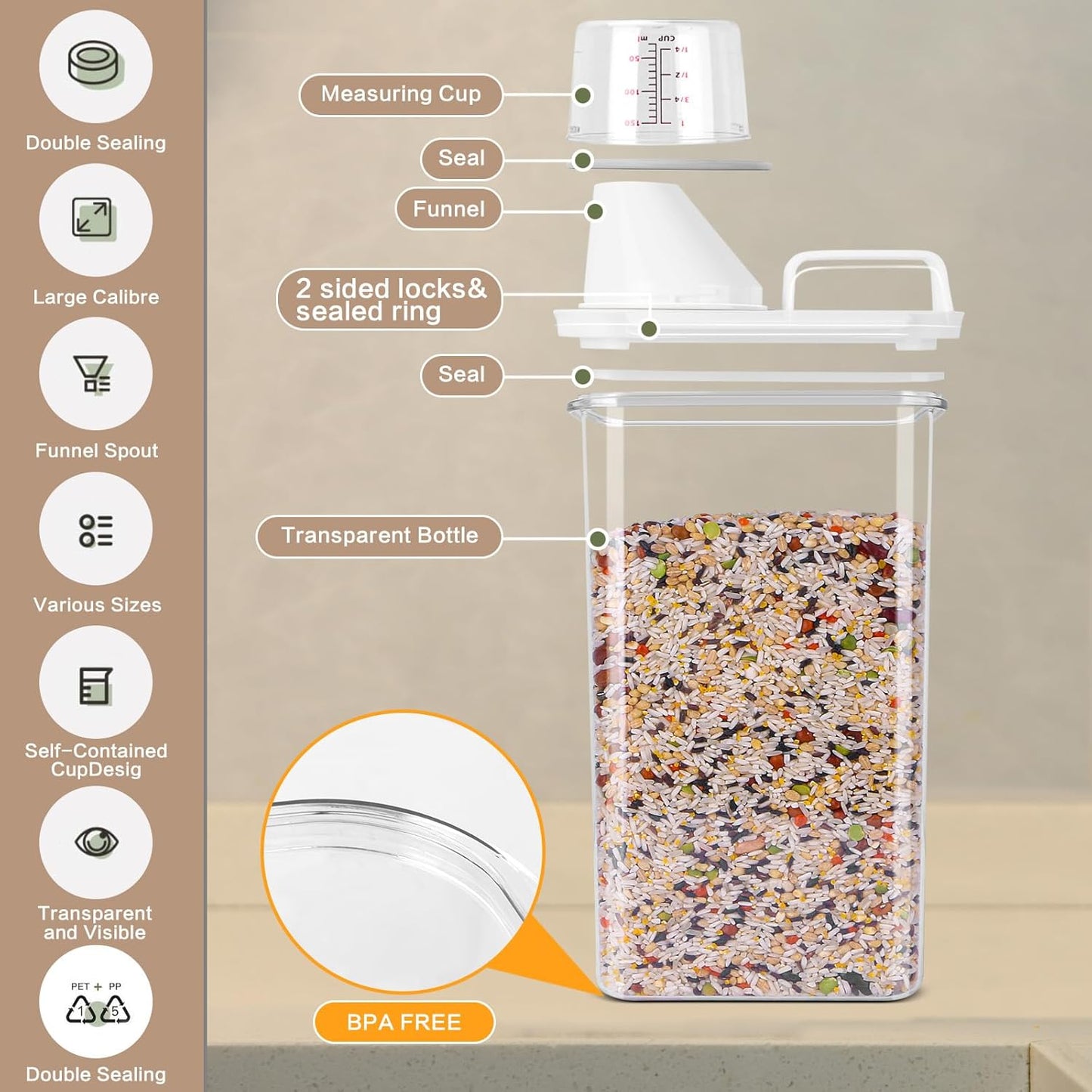 Air Tight Cereal Container Organizer Set of 6 - 1800ML & 2300ML Total 417oz, Dry Food Storage for Pet Food, Rice, Oatmeal with Pour Spout Lid and Plastic Small Measuring Cup for Flour and Sugar