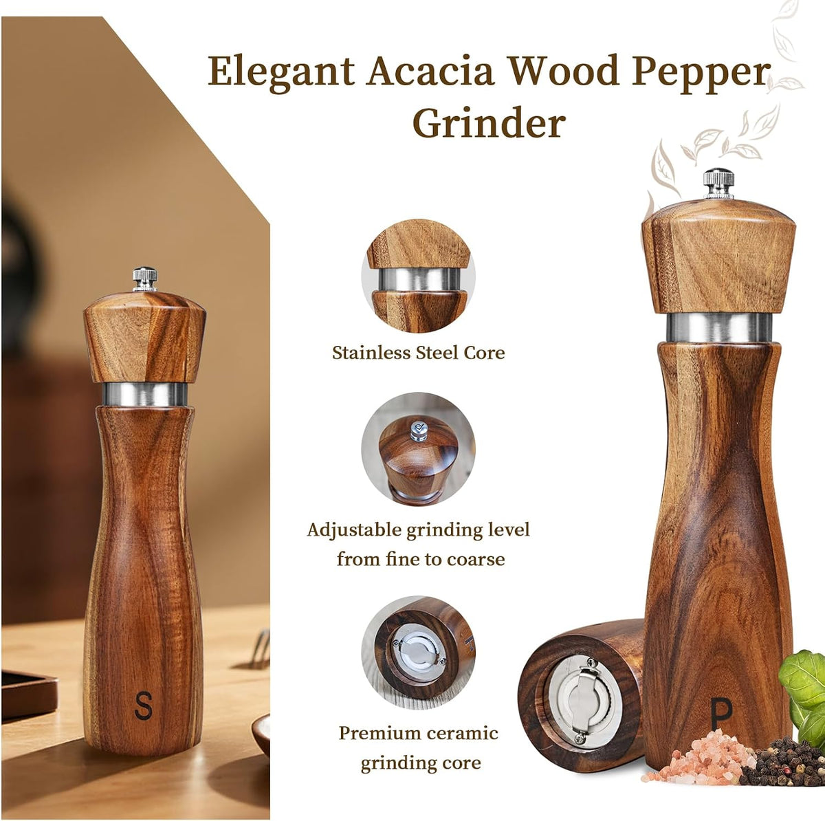 Haomacro Wooden Salt and Pepper Grinder Set Refillable Salt & Pepper Mills