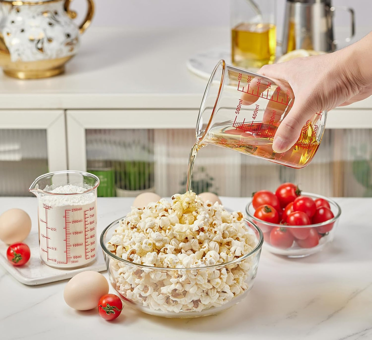 3 Piece Glass Measuring Cup Set, Includes 1/2-Cup, 1-Cup, and 2-Cup High Borosilicate Glasss Liquid Measuring Cups, Dishwasher, Freezer, Microwave, and Preheated Oven Safe, Essential Kitchen Tools