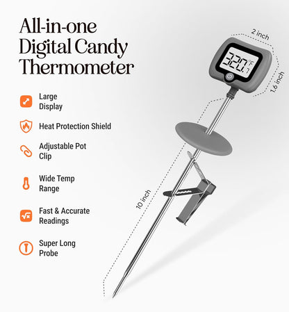 Digital Candy Thermometer with Pot Clip, 10" Long Stainless Steel Probe, Instant Read Kitchen Thermometer for Cooking, Baking, and Candy Making