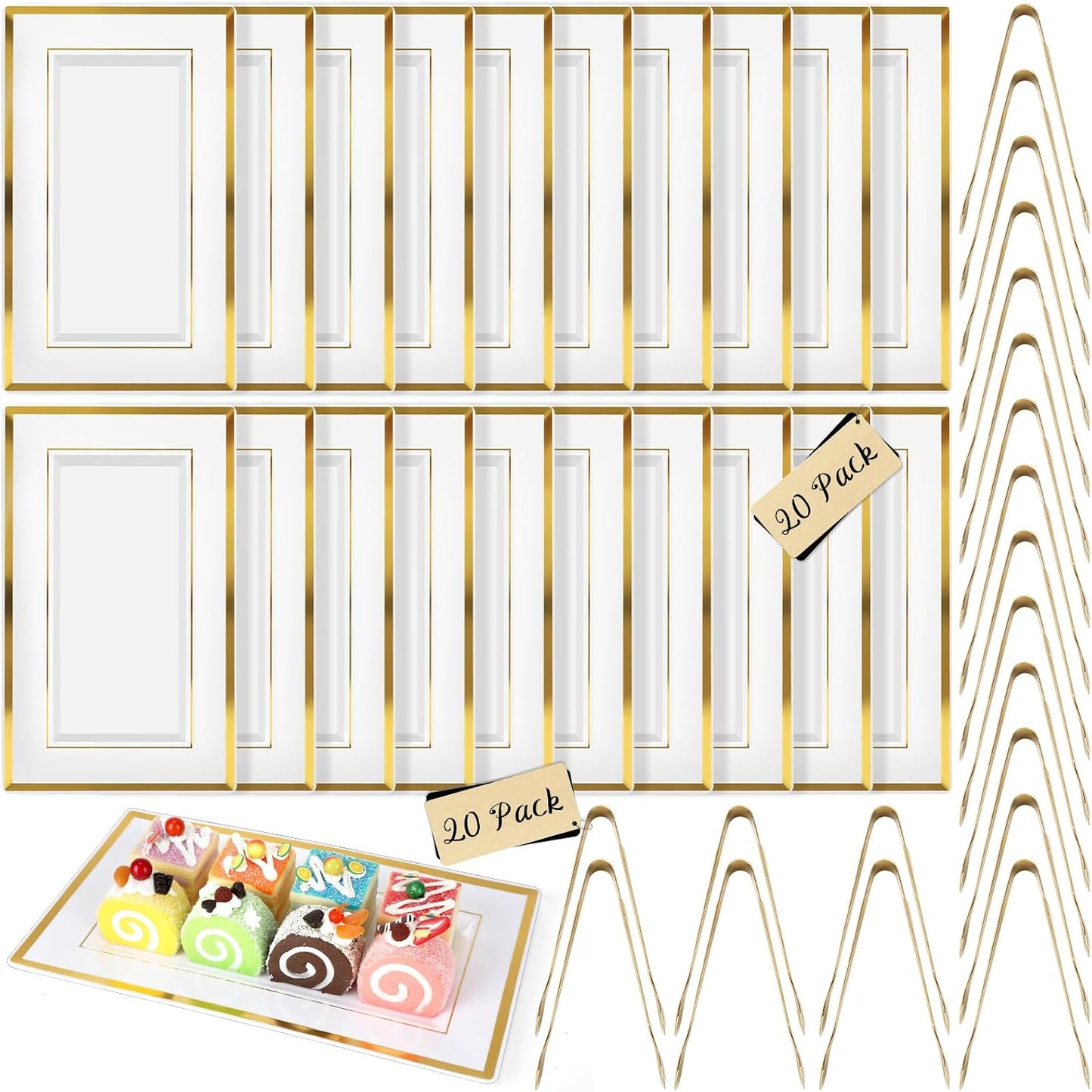 20 Sets Plastic Serving Tray,White & Gold Rim Food Trays with Stainless Serve Tongs,Versatile Serving Trays for Party, Serving Platter for Party, Food, Fruit, Dessert, Tea Party, Wedding