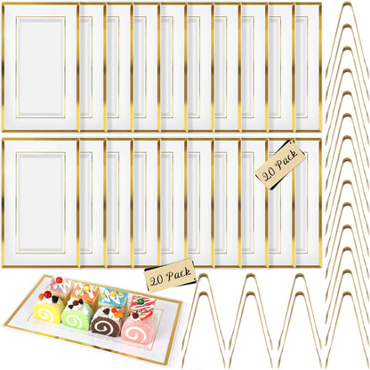 20 Sets Plastic Serving Tray,White & Gold Rim Food Trays with Stainless Serve Tongs,Versatile Serving Trays for Party, Serving Platter for Party, Food, Fruit, Dessert, Tea Party, Wedding